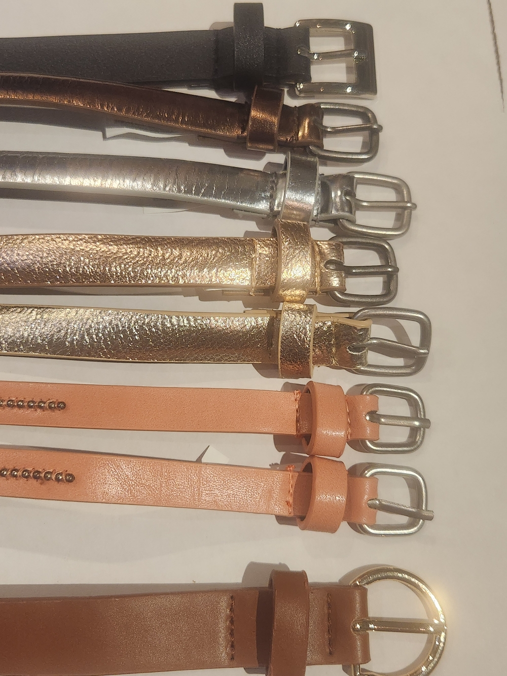 Assorted Women's Thin Belts Lot of 8 Metallic Studded Gold Silver Bronze Tan